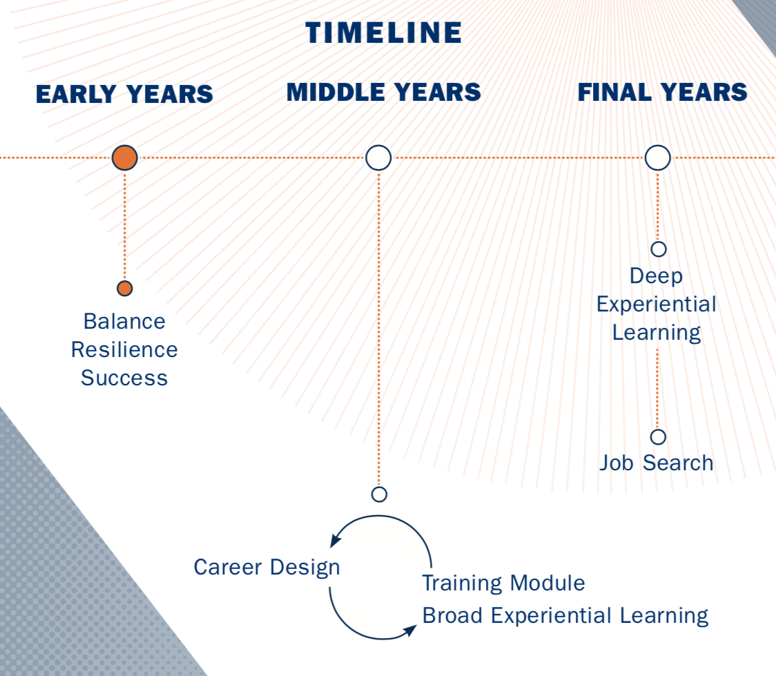 Timeline of early, middle and final years of PhD plus; looking at balanced resilience, career design, and job search
